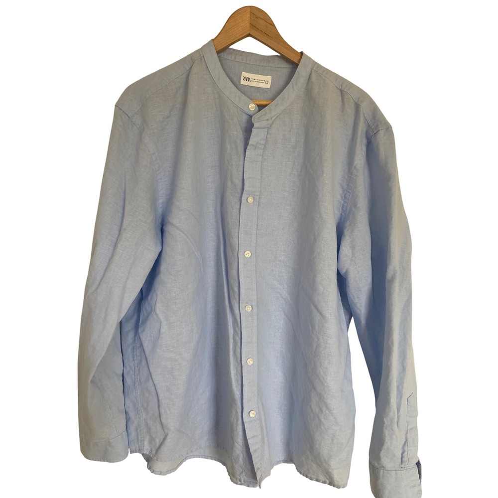 Zara Mens Light Blue Linen Blend Band Collar Long Sleeve Button Down Shirt XXL